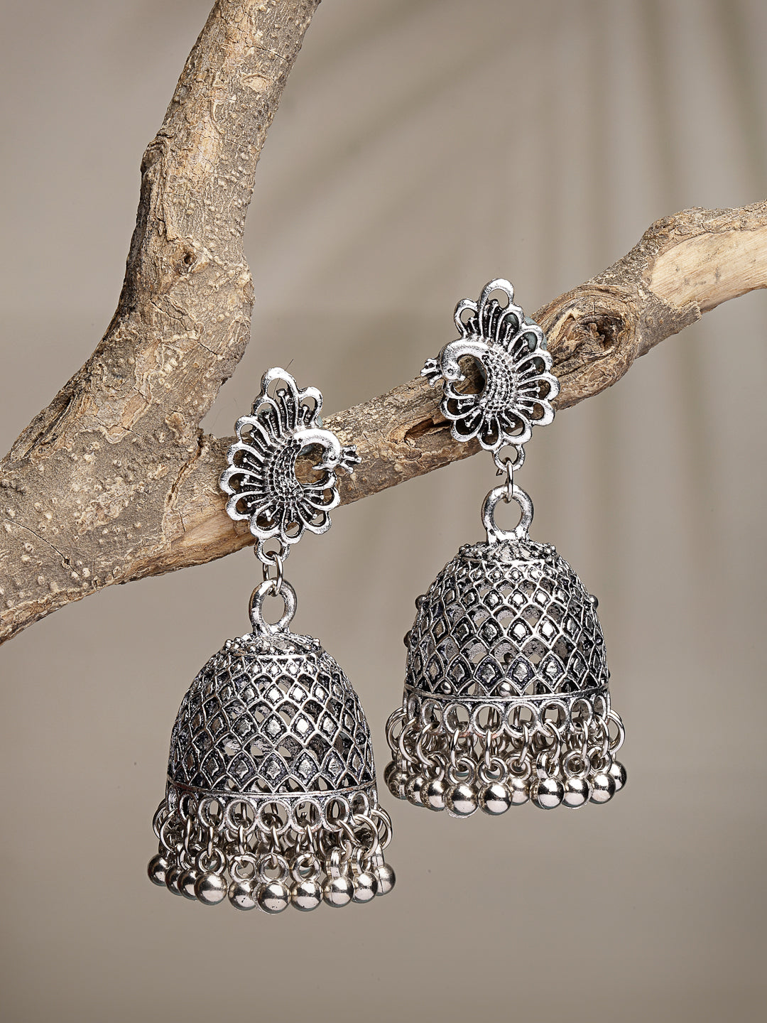 Women's Silver-Toned Peacock Design German Silver Oxidised Dome Shaped Jhumka Earrings