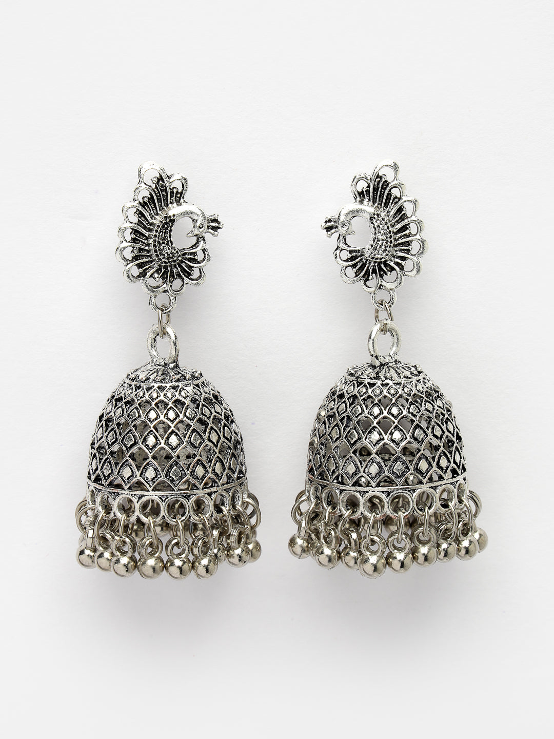 Women's Silver-Toned Peacock Design German Silver Oxidised Dome Shaped Jhumka Earrings - Nvr