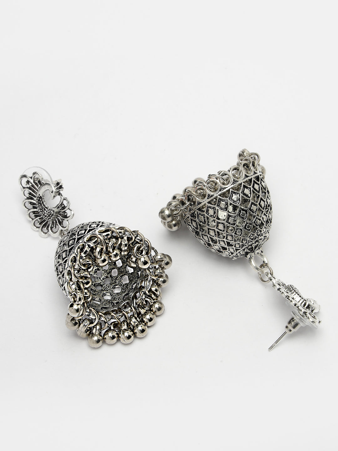Women's Silver-Toned Peacock Design German Silver Oxidised Dome Shaped Jhumka Earrings