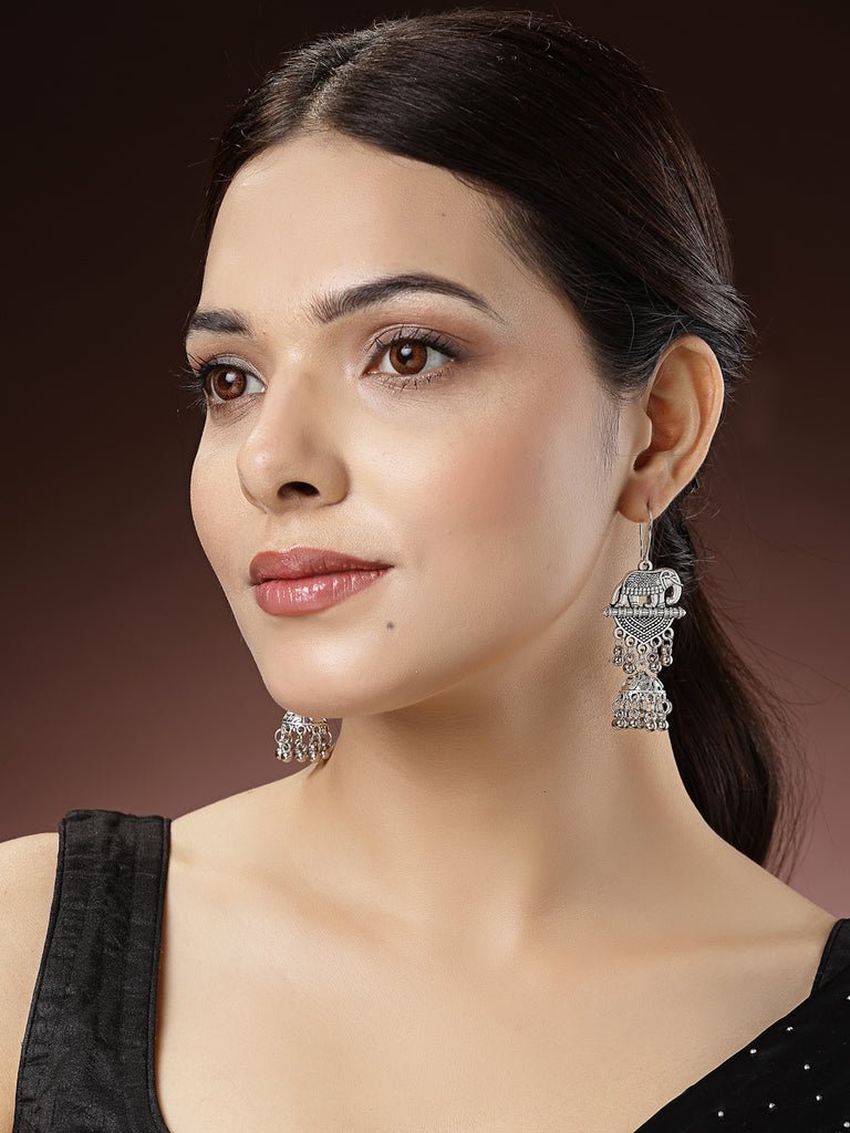 Women's Silver-Toned Elephant Design German Silver Oxidised Dome Shaped Jhumka Earrings