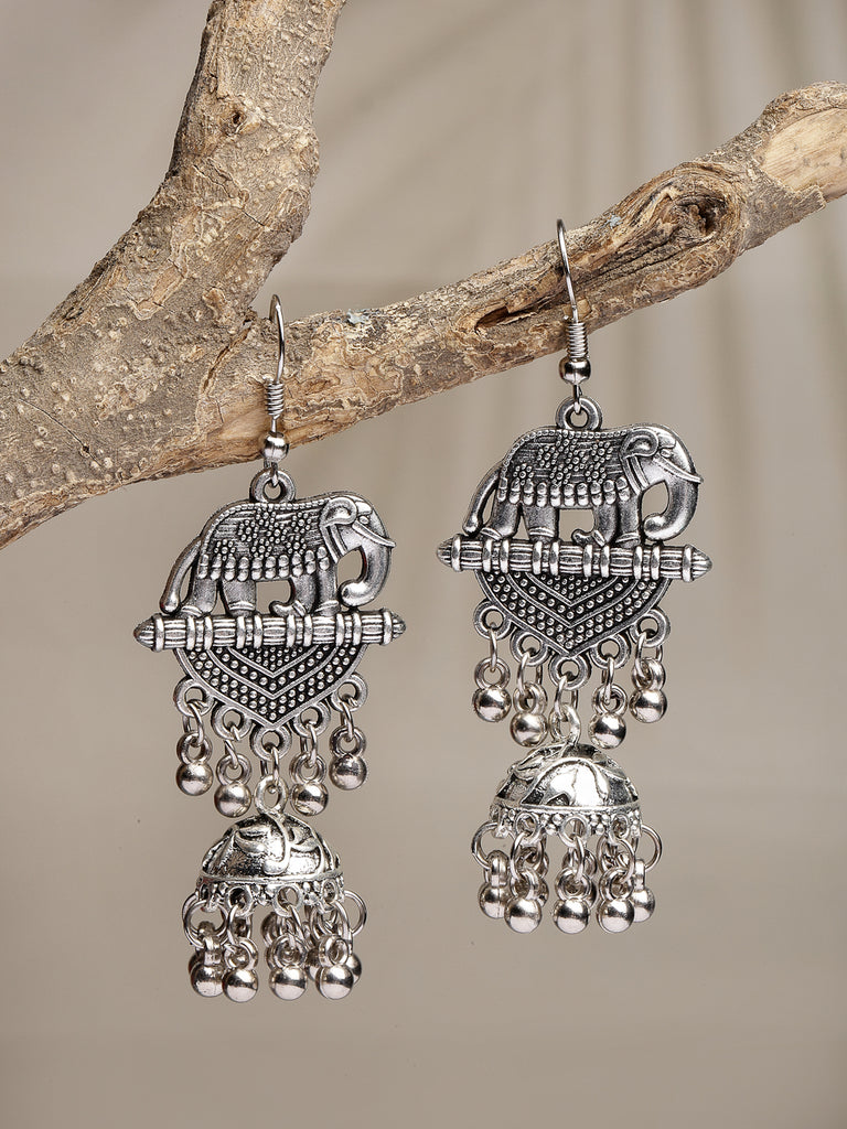 Women's Silver-Toned Elephant Design German Silver Oxidised Dome Shaped Jhumka Earrings