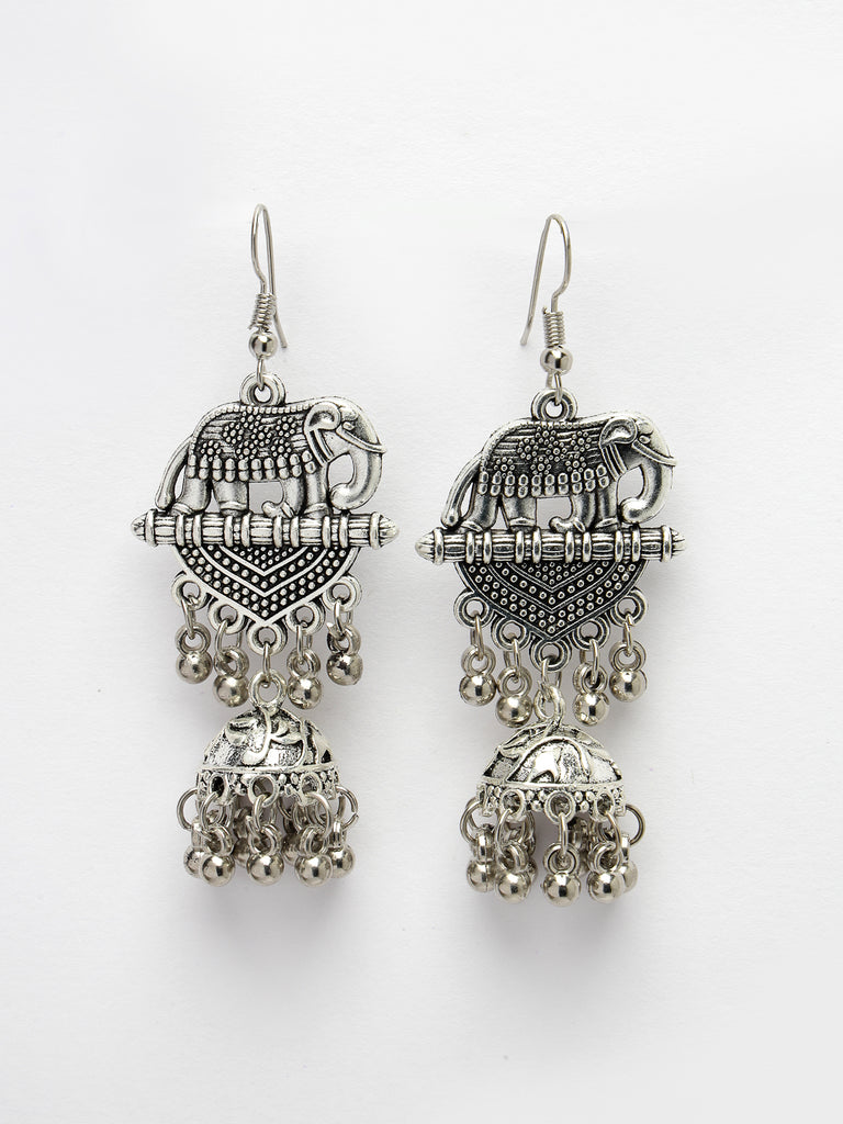 Women's Silver-Toned Elephant Design German Silver Oxidised Dome Shaped Jhumka Earrings