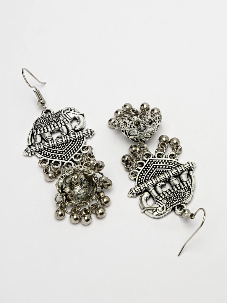Women's Silver-Toned Elephant Design German Silver Oxidised Dome Shaped Jhumka Earrings