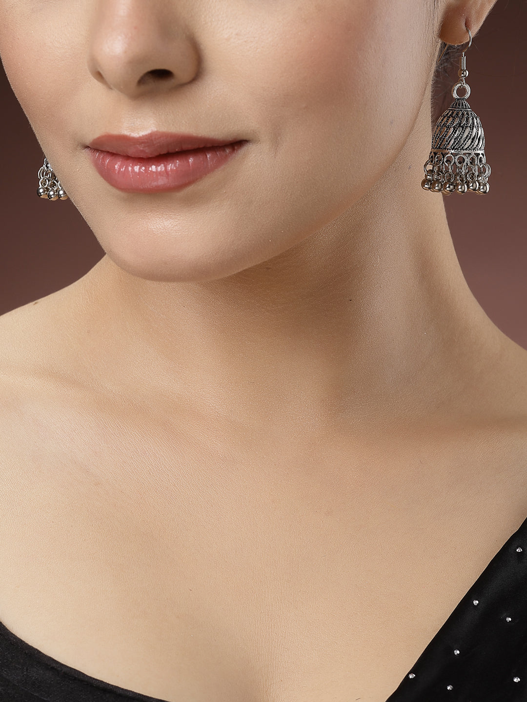 Women's Silver-Toned German Silver Oxidised Dome Shaped Jhumka Earrings - Nvr