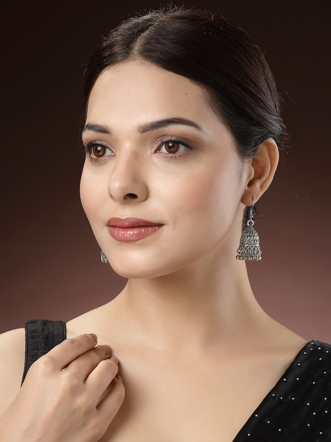 Women's Silver-Toned German Silver Oxidised Dome Shaped Jhumka Earrings