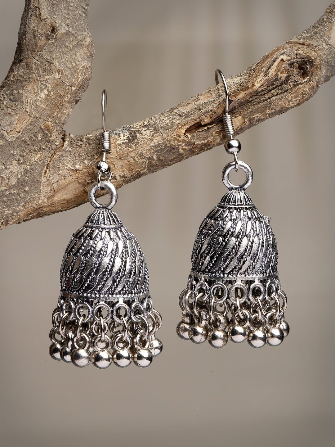 Women's Silver-Toned German Silver Oxidised Dome Shaped Jhumka Earrings