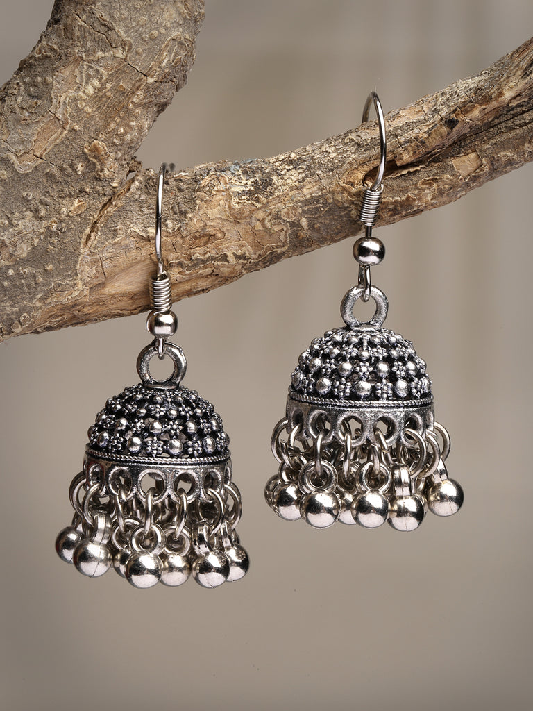 Women's Silver-Toned German Silver Oxidised Dome Shaped Jhumka Earrings