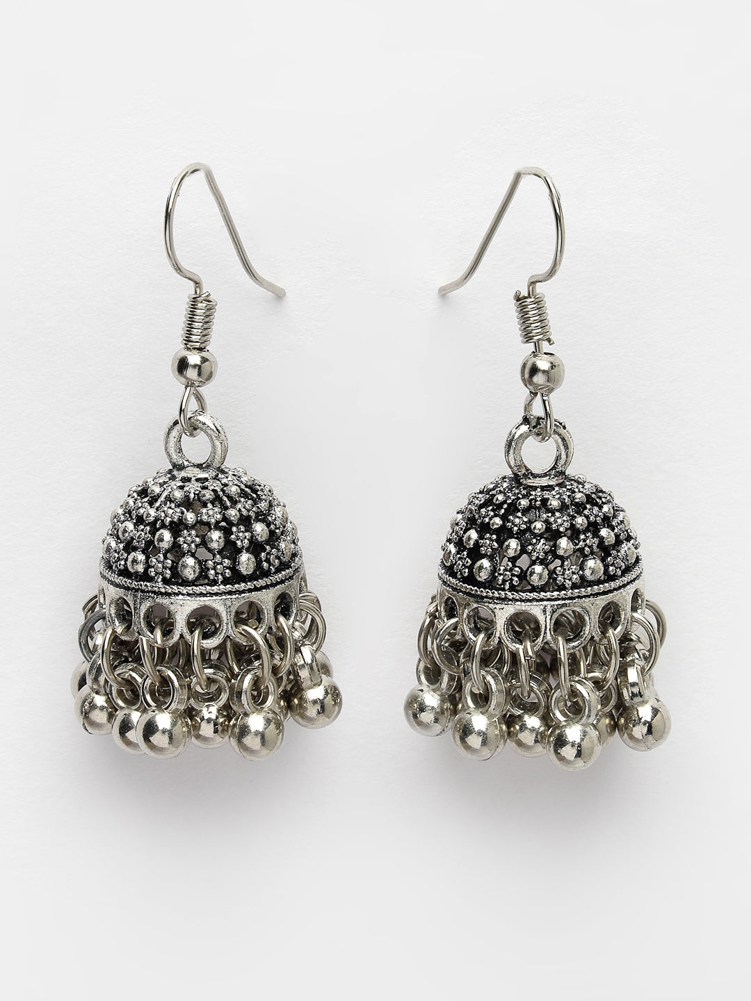 Women's Silver-Toned German Silver Oxidised Dome Shaped Jhumka Earrings - Nvr
