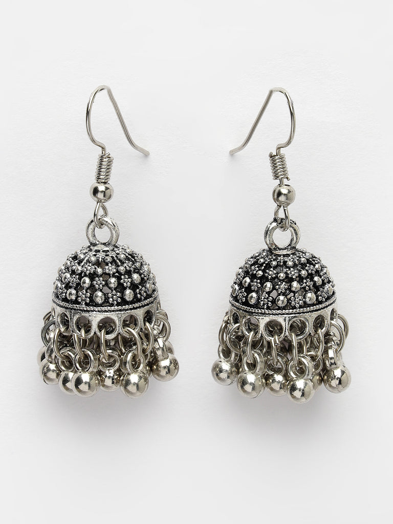 Women's Silver-Toned German Silver Oxidised Dome Shaped Jhumka Earrings