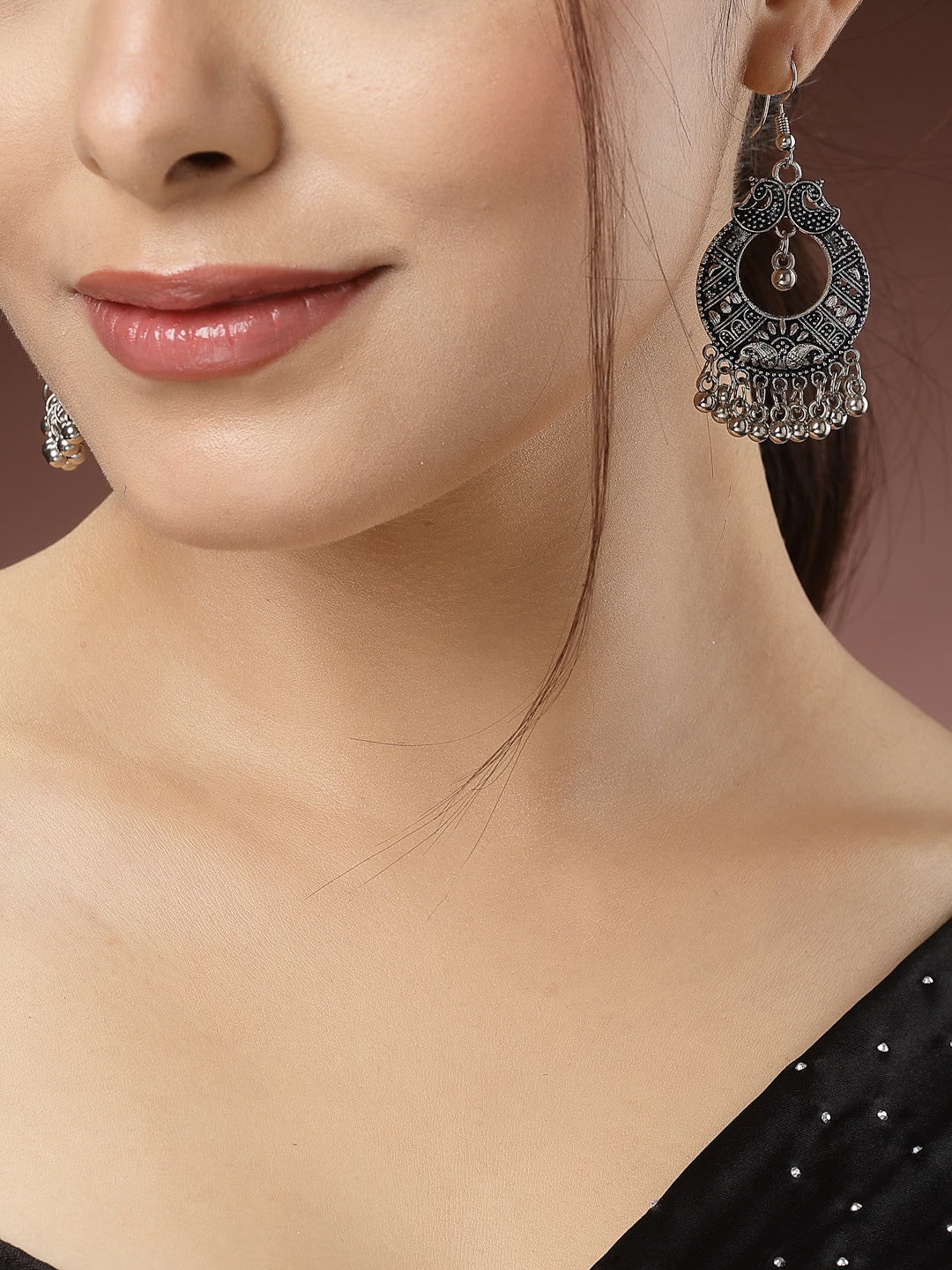 Women's Silver-Plated German Silver Oxidised Chandbali Earrings