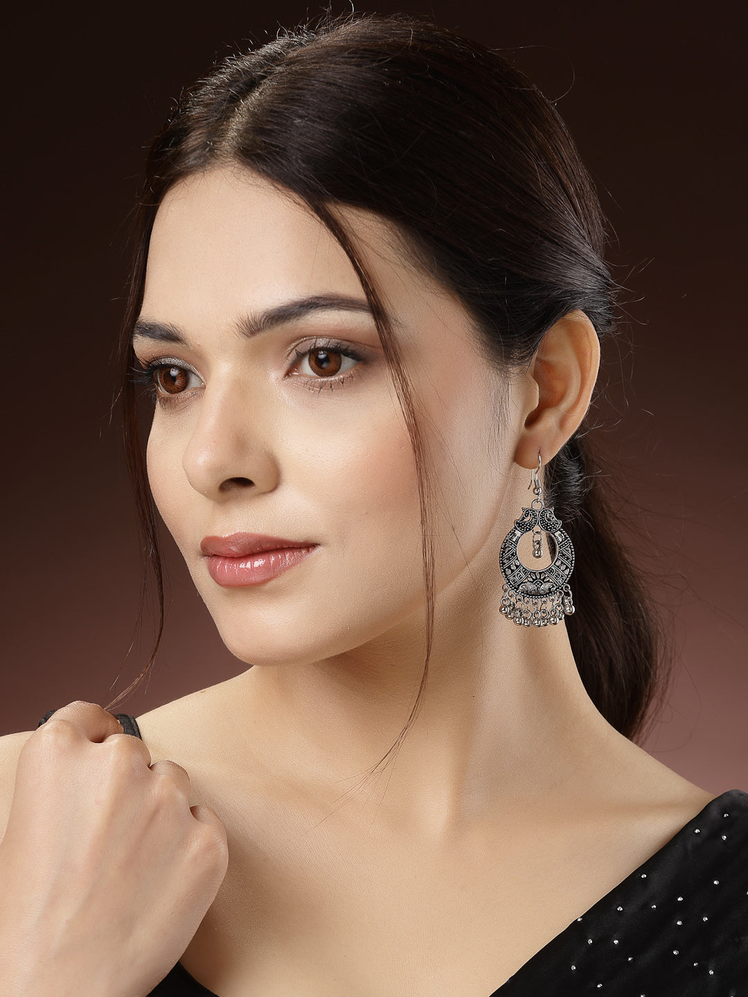 Women's Silver-Plated German Silver Oxidised Chandbali Earrings