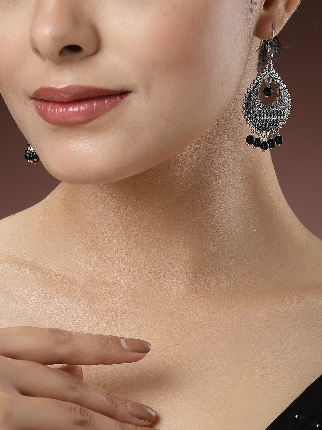 Women's Silver-Plated Artificial Beads German Silver Oxidised Chandbali Earrings