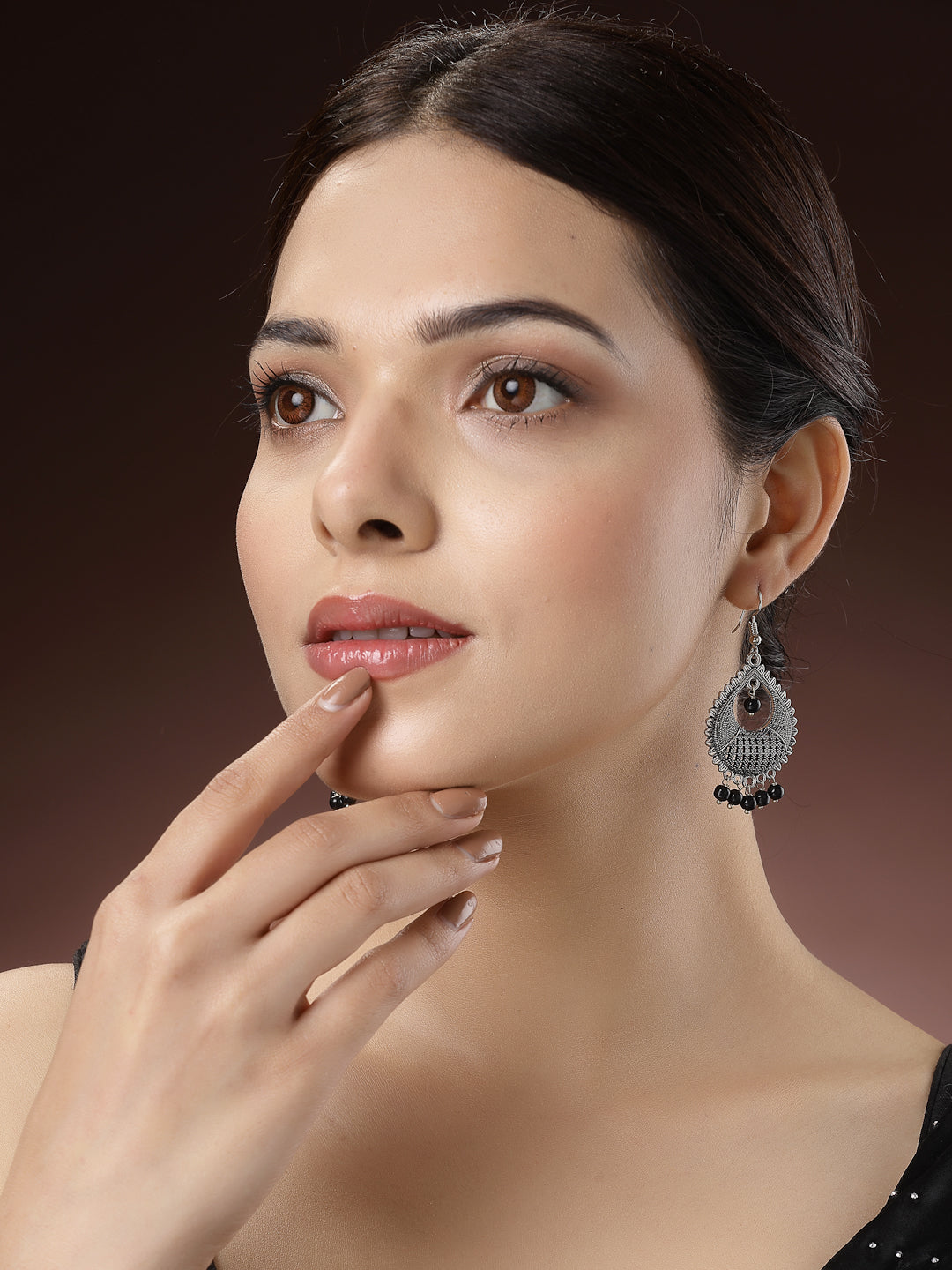 Women's Silver-Plated Artificial Beads German Silver Oxidised Chandbali Earrings