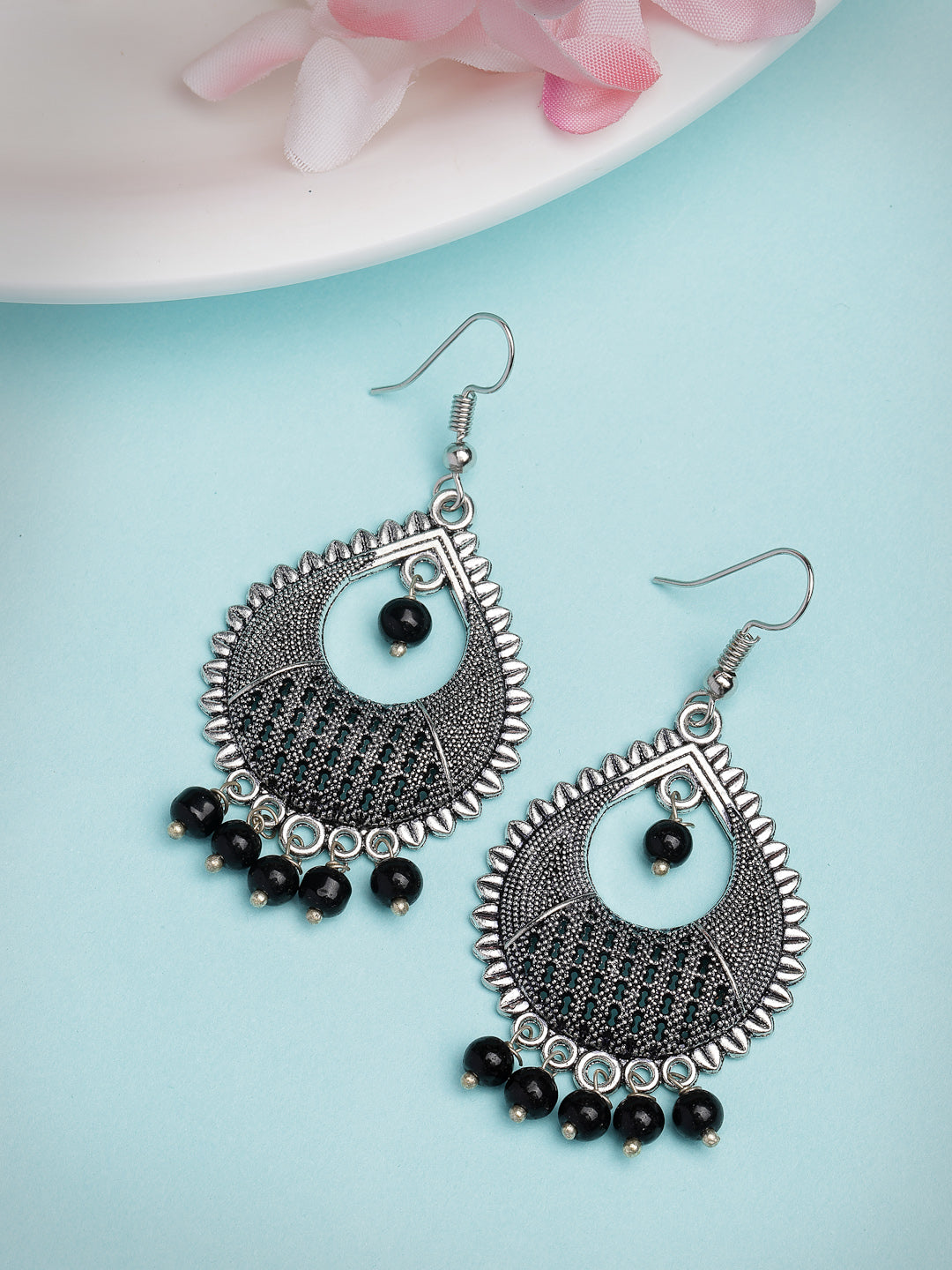 Women's Silver-Plated Artificial Beads German Silver Oxidised Chandbali Earrings