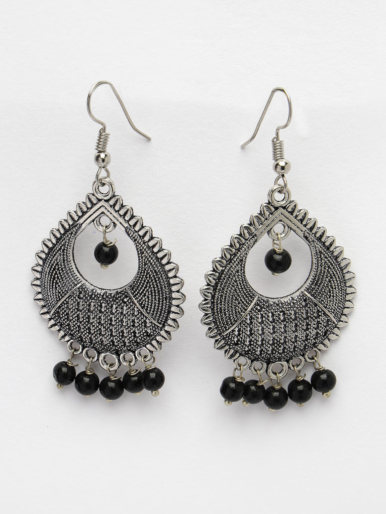 Women's Silver-Plated Artificial Beads German Silver Oxidised Chandbali Earrings