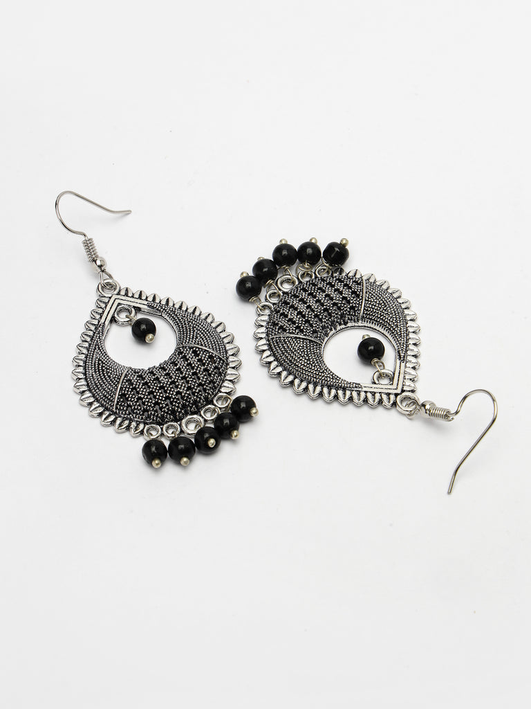 Women's Silver-Plated Artificial Beads German Silver Oxidised Chandbali Earrings