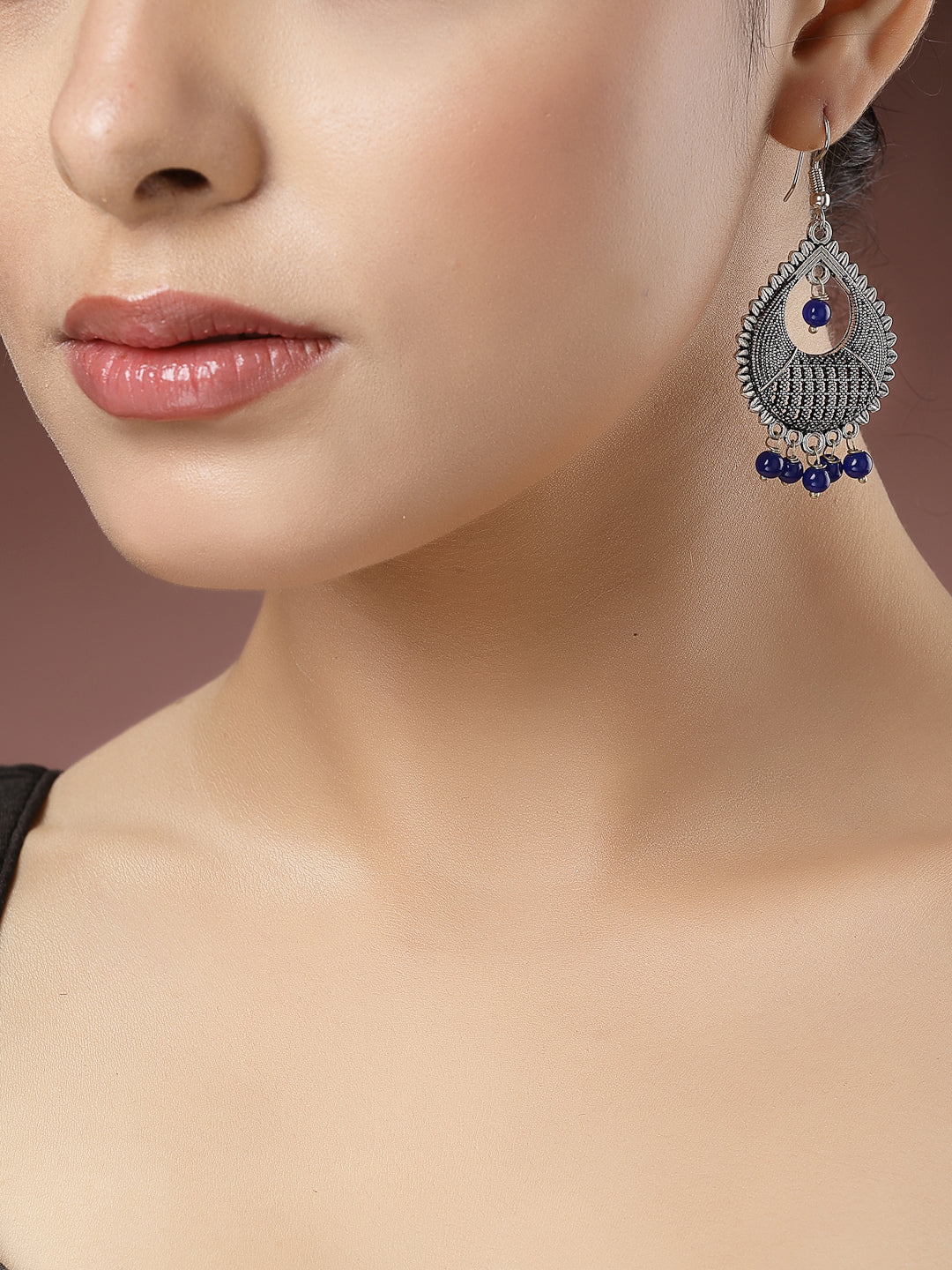 Women's Silver-Plated Artificial Beads German Silver Oxidised Chandbali Earrings - Nvr