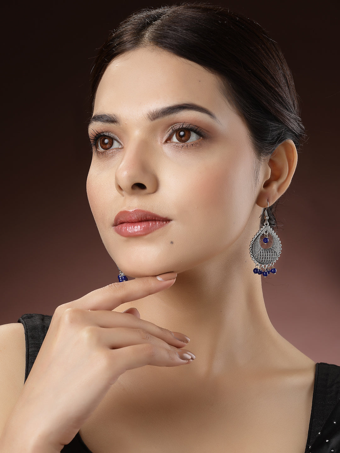 Women's Silver-Plated Artificial Beads German Silver Oxidised Chandbali Earrings