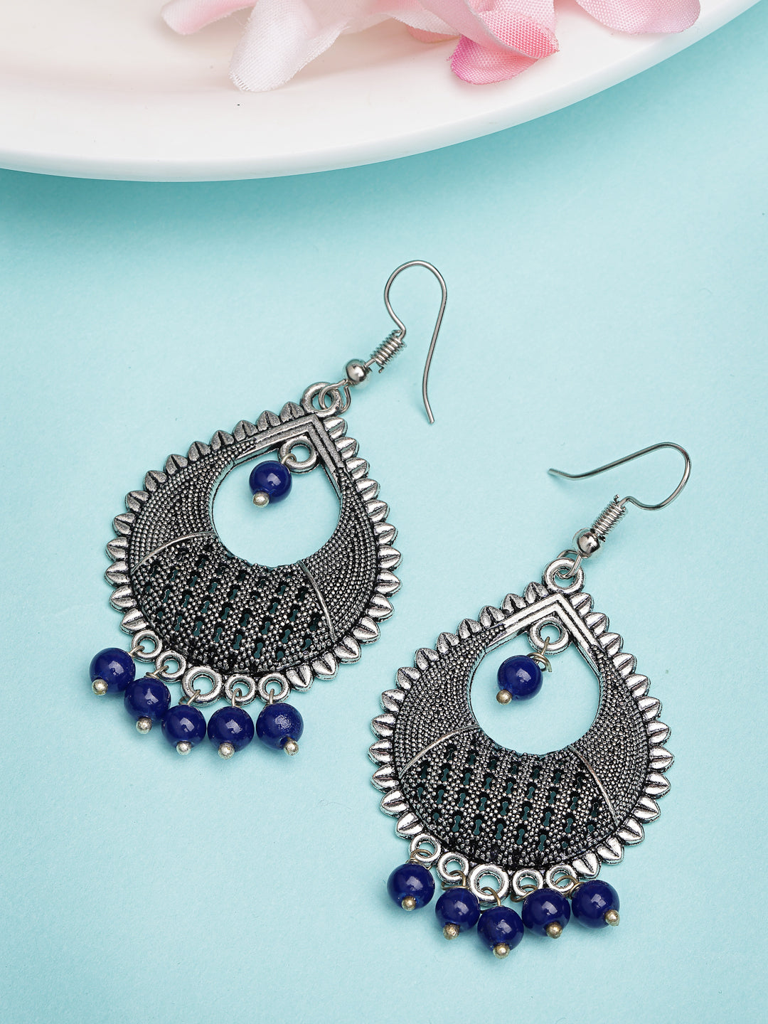 Women's Silver-Plated Artificial Beads German Silver Oxidised Chandbali Earrings