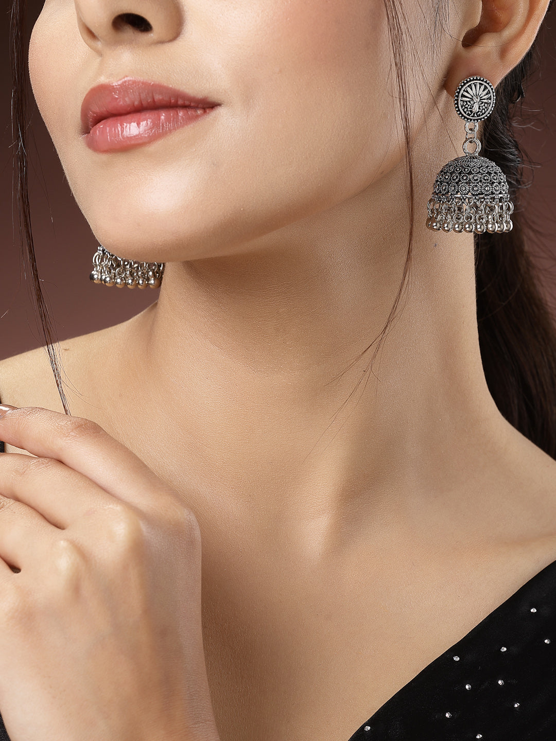 Women's Silver-Toned German Silver Oxidised Dome Shaped Jhumka Earrings