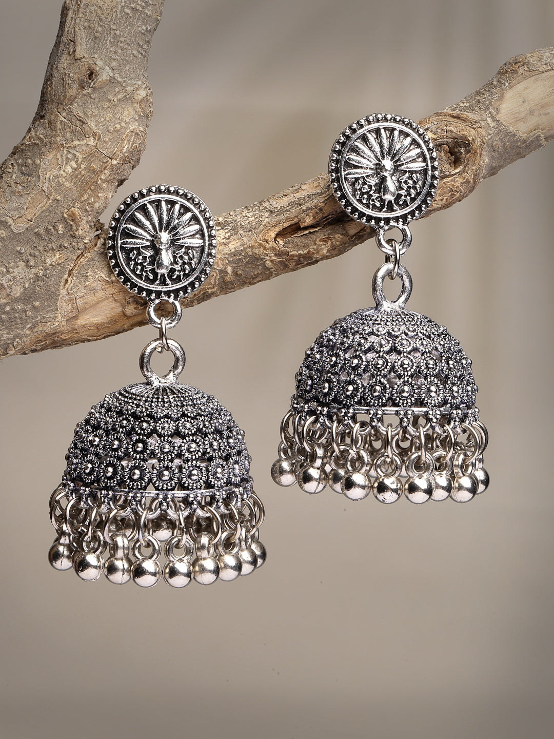 Women's Silver-Toned German Silver Oxidised Dome Shaped Jhumka Earrings