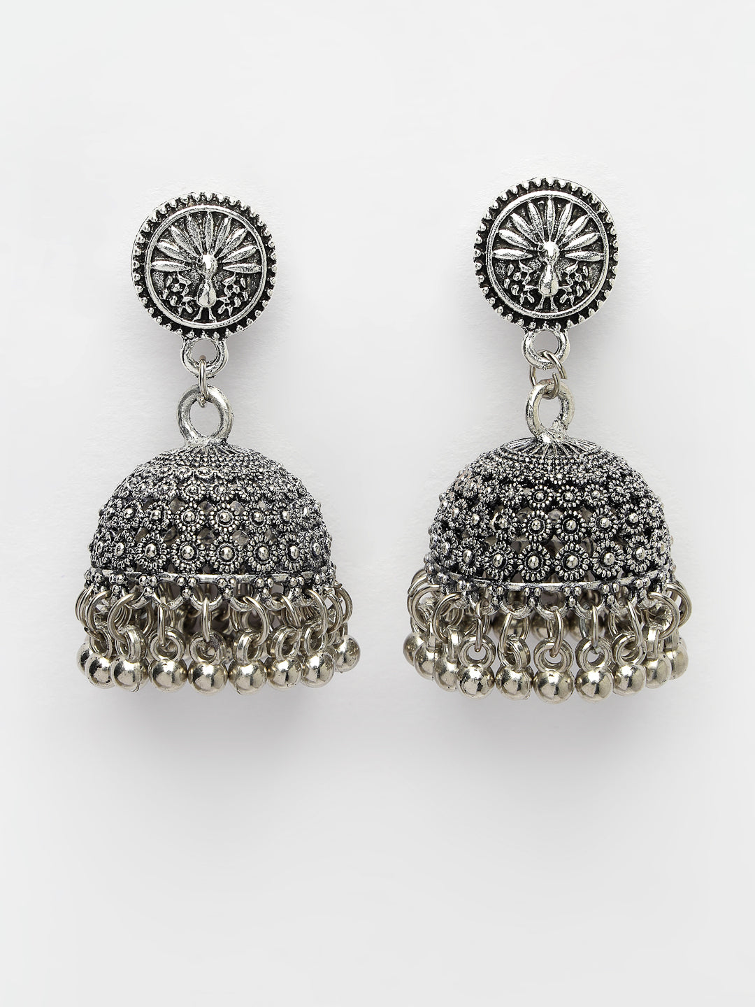Women's Silver-Toned German Silver Oxidised Dome Shaped Jhumka Earrings