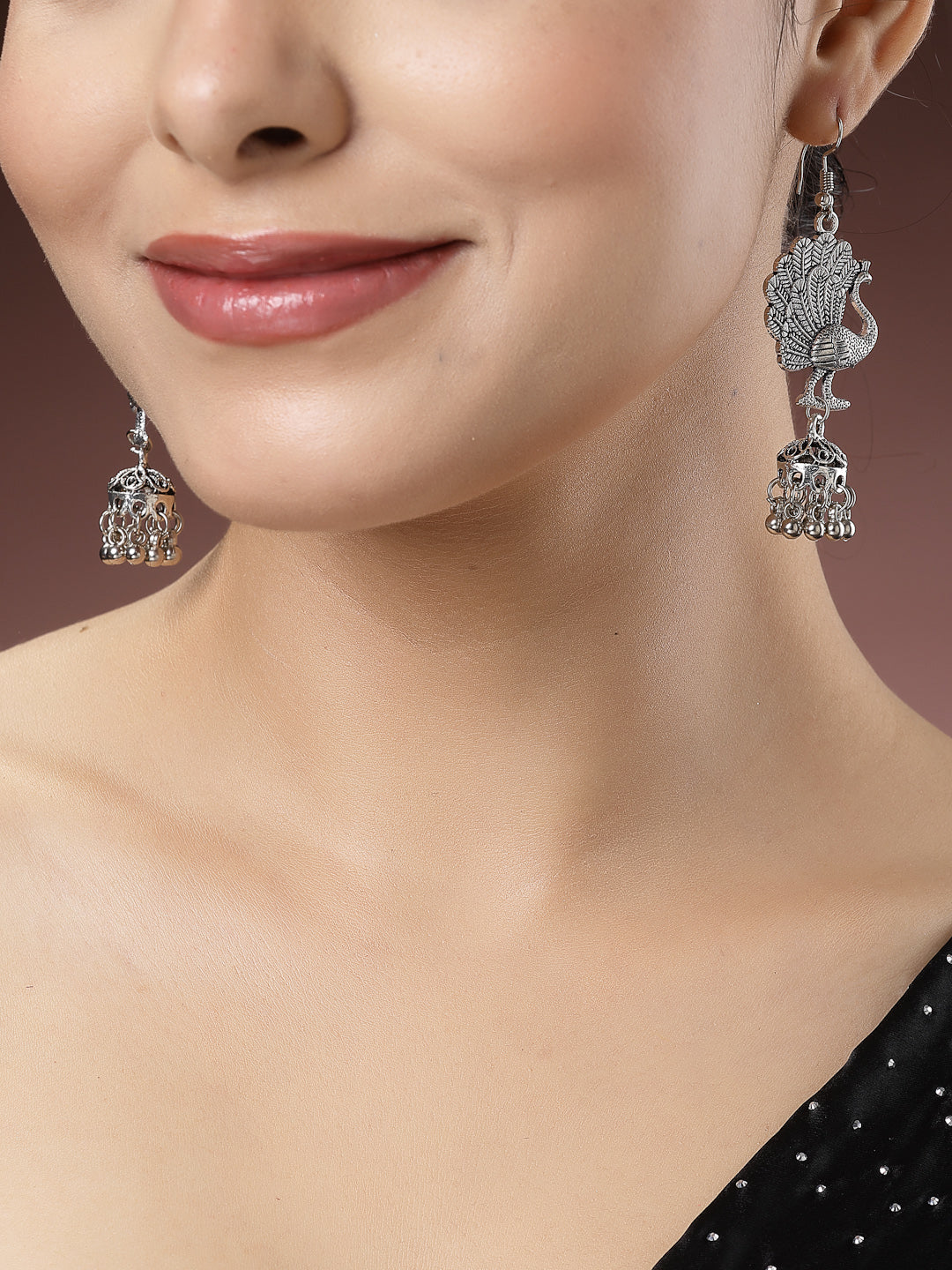 Women's Silver-Toned Peacock Desing German Silver Oxidised Dome Shaped Jhumka Earrings - Nvr