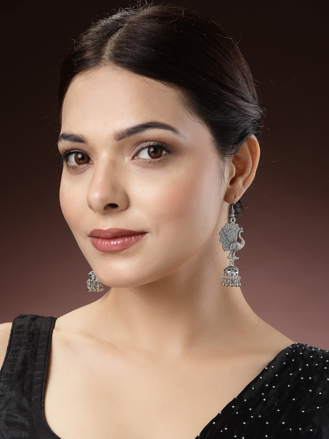 Women's Silver-Toned Peacock Desing German Silver Oxidised Dome Shaped Jhumka Earrings