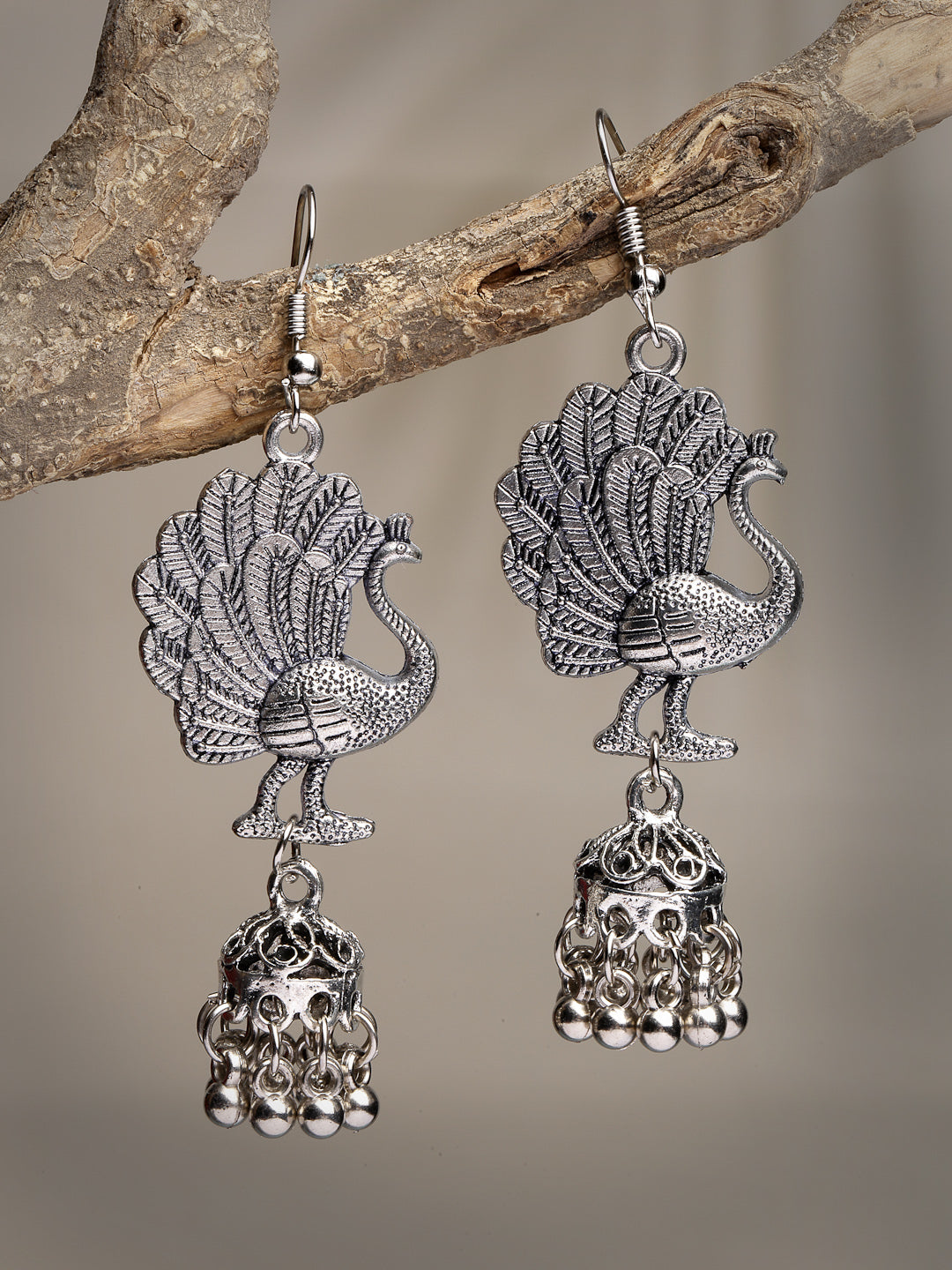 Women's Silver-Toned Peacock Desing German Silver Oxidised Dome Shaped Jhumka Earrings - Nvr