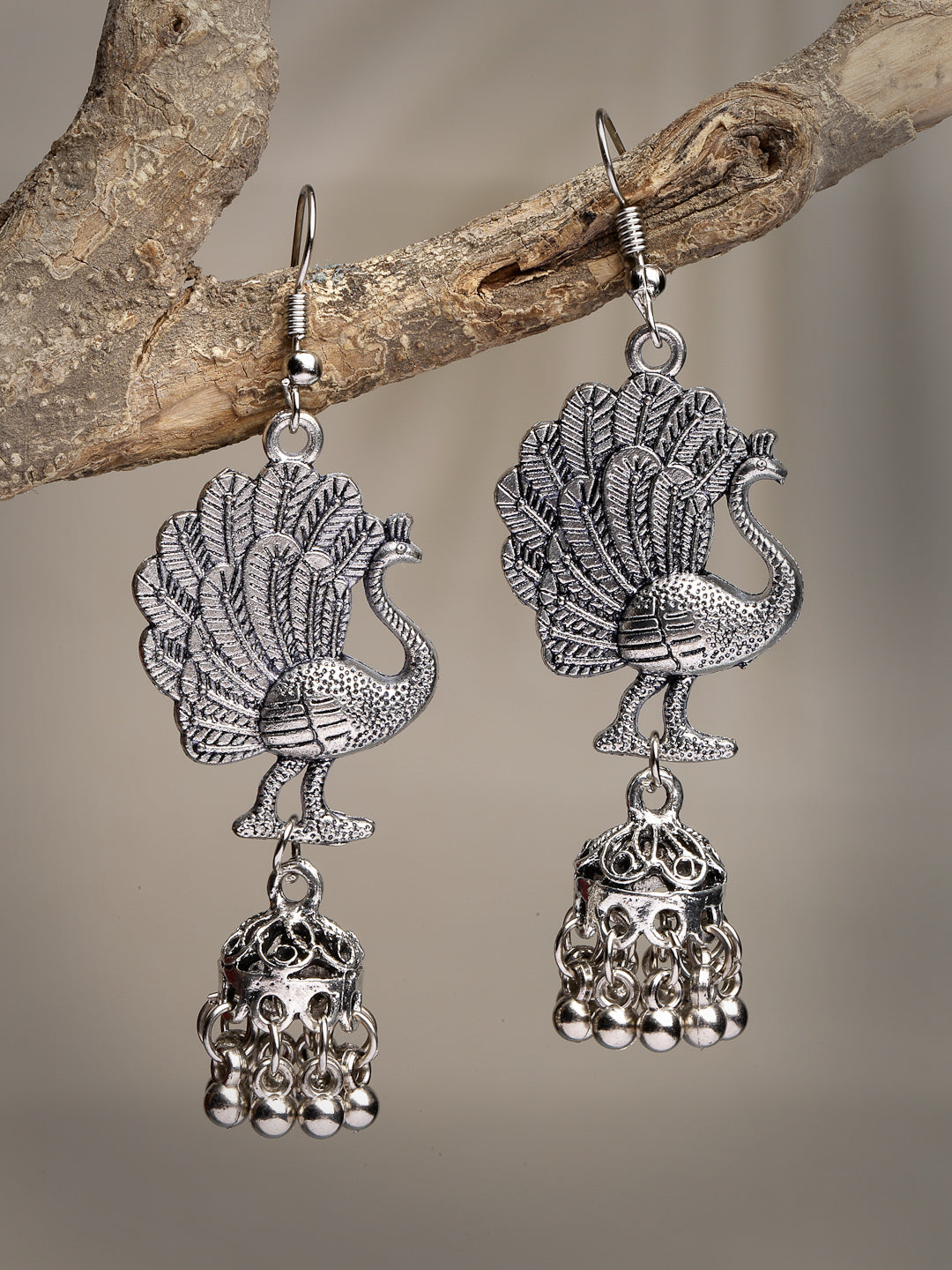Women's Silver-Toned Peacock Desing German Silver Oxidised Dome Shaped Jhumka Earrings