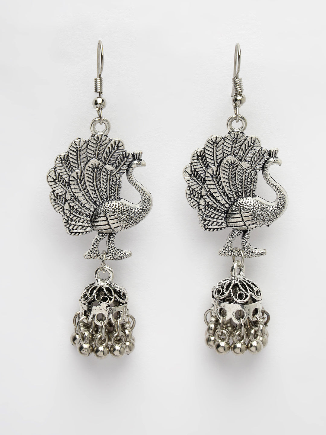 Women's Silver-Toned Peacock Desing German Silver Oxidised Dome Shaped Jhumka Earrings