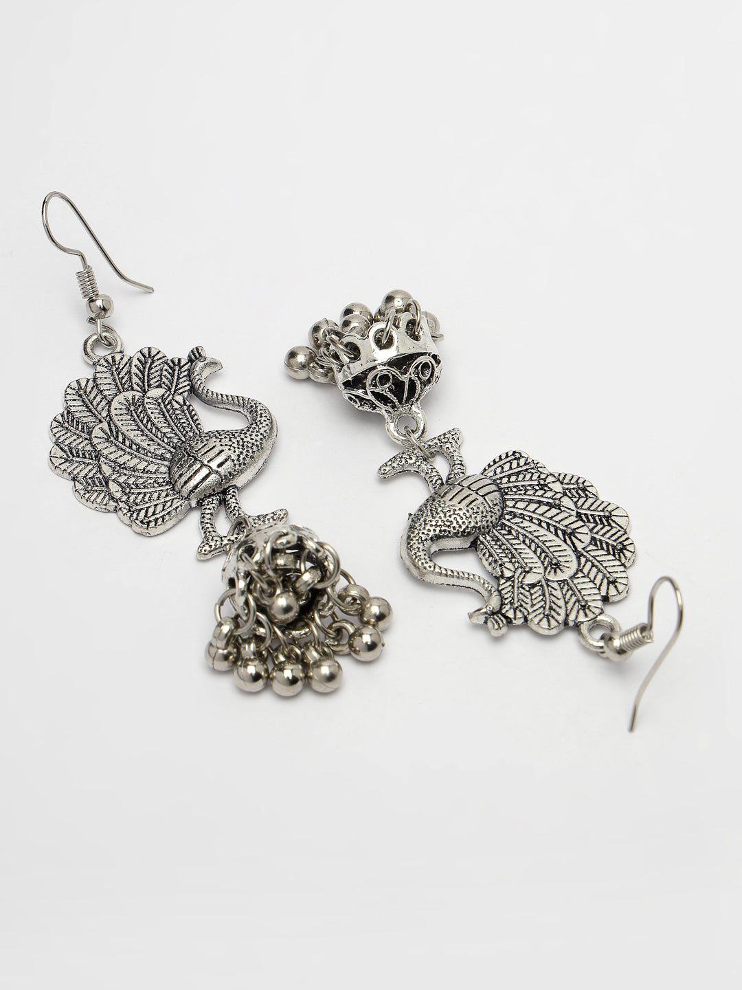 Women's Silver-Toned Peacock Desing German Silver Oxidised Dome Shaped Jhumka Earrings