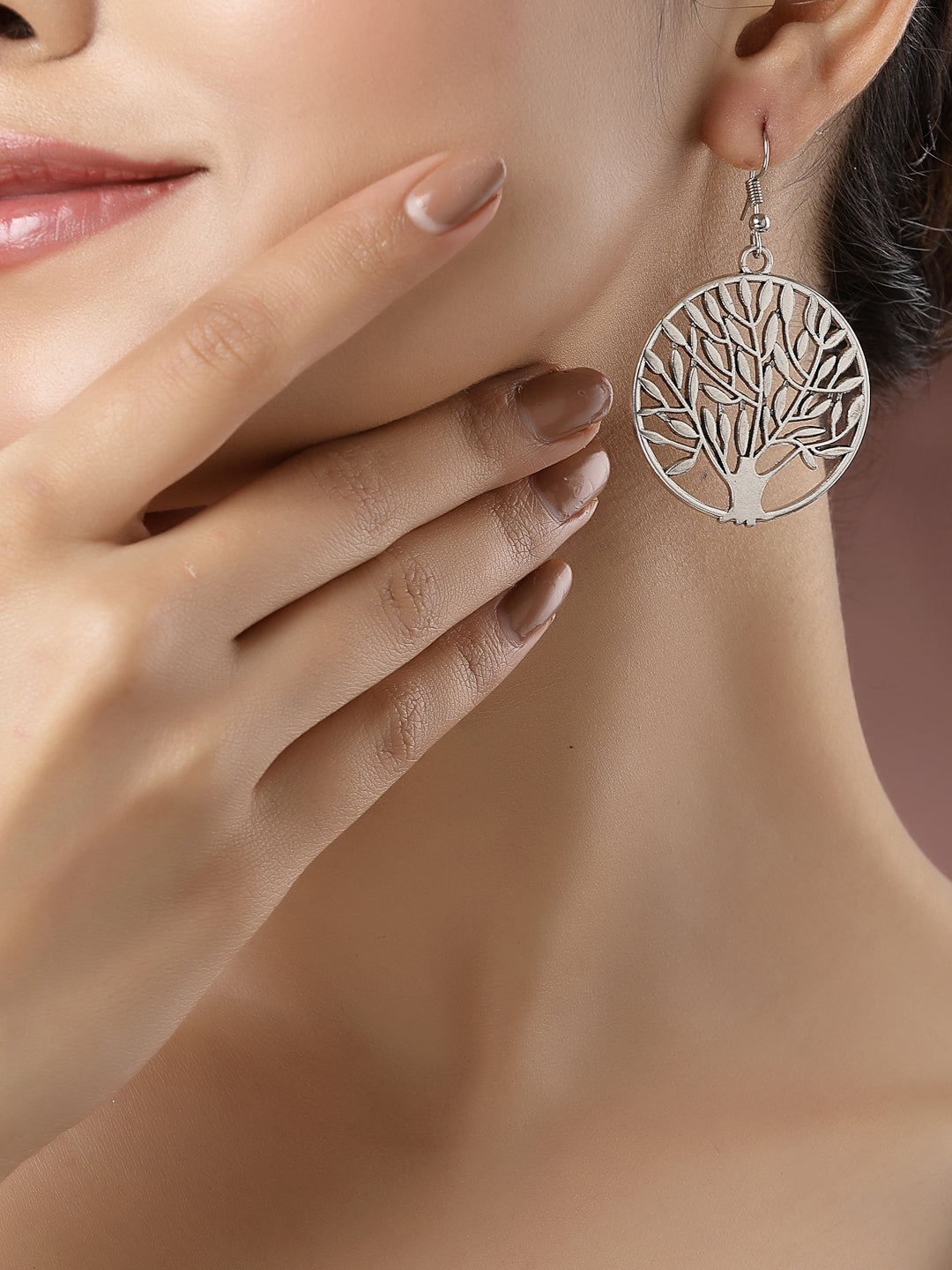 Women's Silver-Toned Circular Shape German Silver Oxidised Drop Earrings