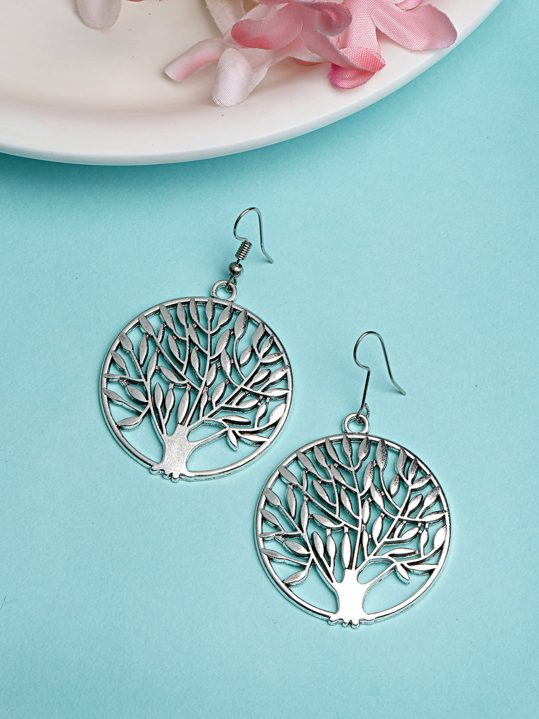 Women's Silver-Toned Circular Shape German Silver Oxidised Drop Earrings