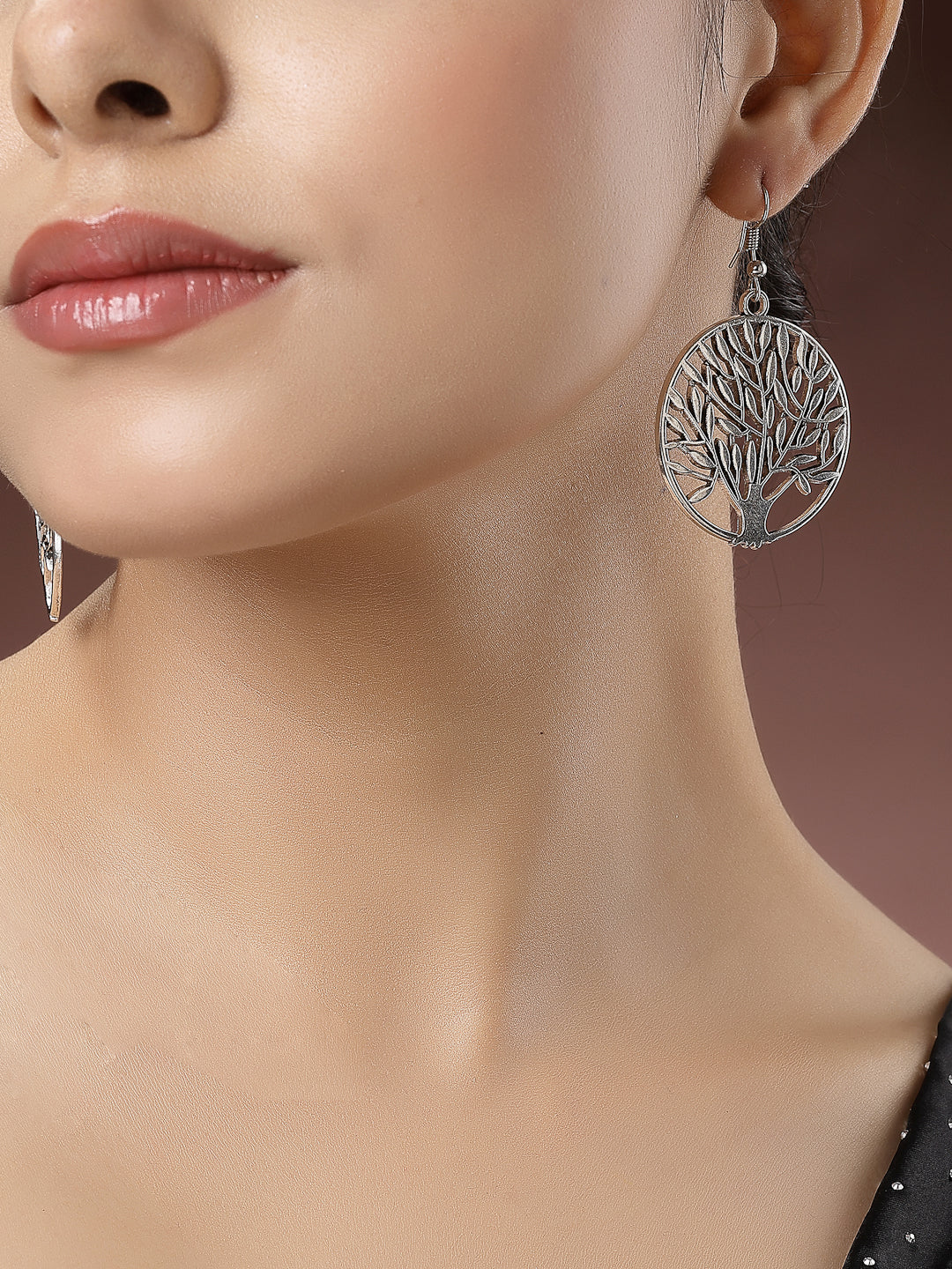 Women's Silver-Toned Circular Shape German Silver Oxidised Drop Earrings