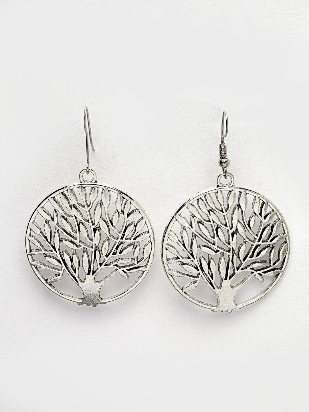 Women's Silver-Toned Circular Shape German Silver Oxidised Drop Earrings