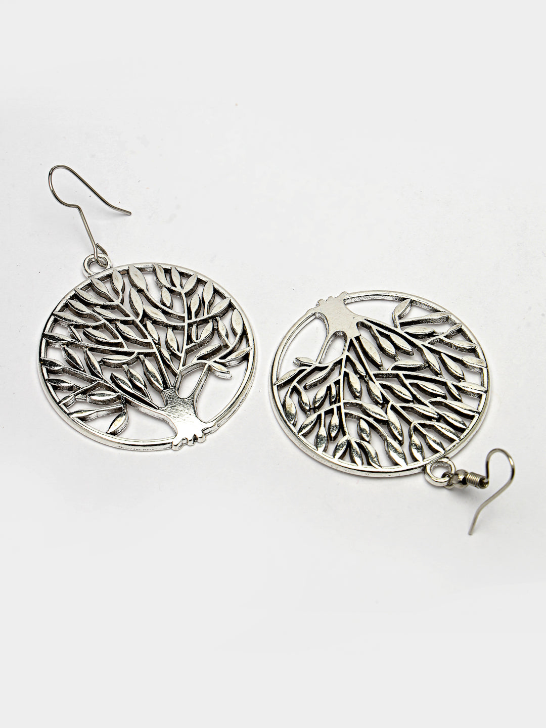 Women's Silver-Toned Circular Shape German Silver Oxidised Drop Earrings