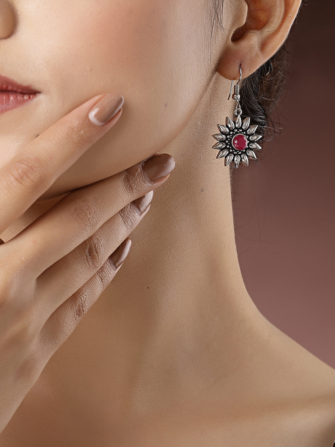 Women's Silver-Toned Artificial Stones German Silver Oxidised Drop Earrings - Nvr