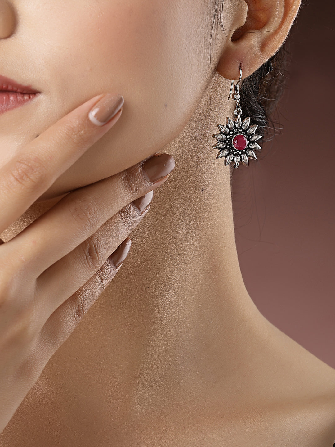 Women's Silver-Toned Artificial Stones German Silver Oxidised Drop Earrings