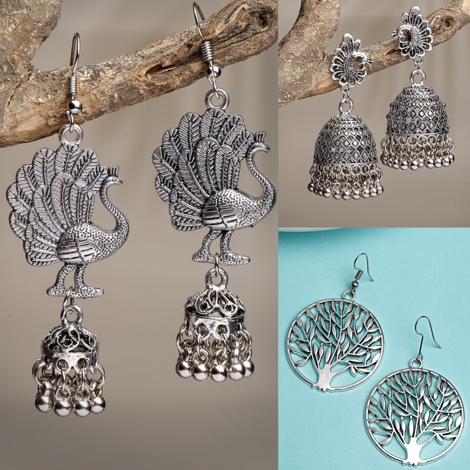 Women's Set Of 3 Silver-Toned German Silver Oxidised Dome Shaped Jhumka Earrings