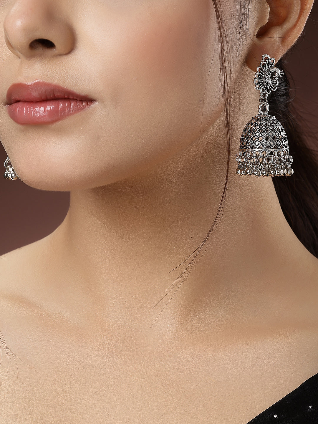 Women's Set Of 3 Silver-Toned German Silver Oxidised Dome Shaped Jhumka Earrings