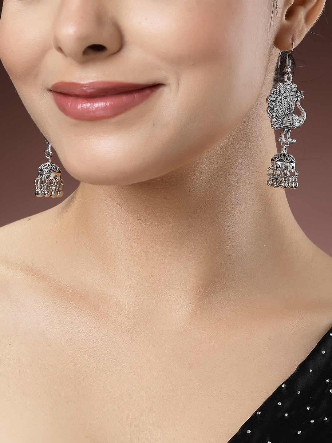 Women's Set Of 3 Silver-Toned German Silver Oxidised Dome Shaped Jhumka Earrings
