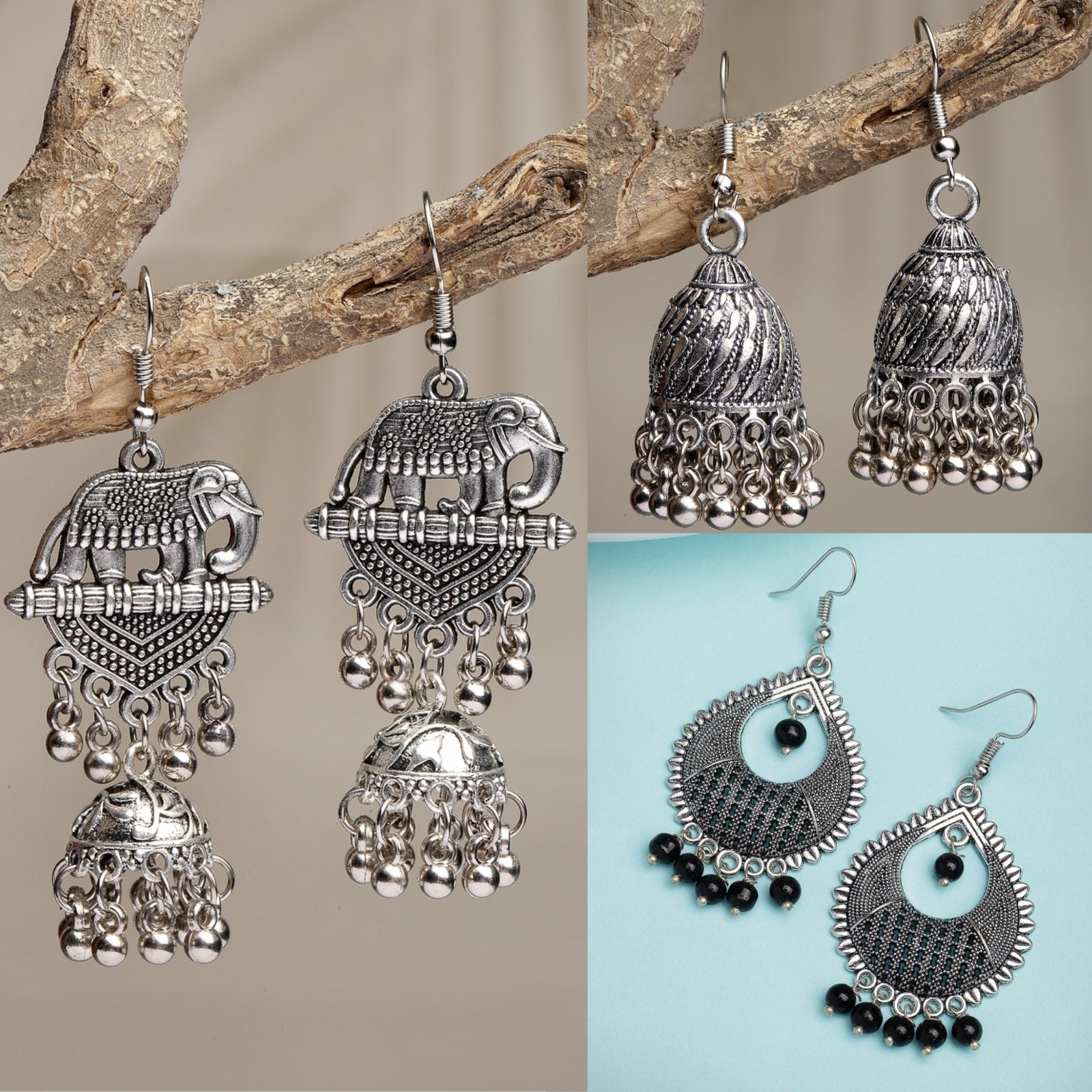 Women's Set Of 3 Silver-Toned German Silver Oxidised Dome Shaped Jhumka Earrings