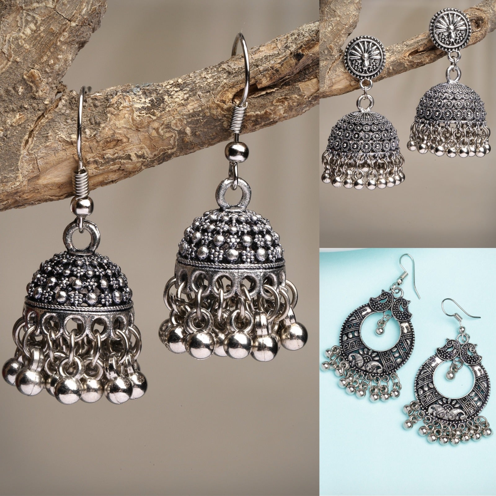 Women's Set Of 3 Silver-Toned German Silver Oxidised Dome Shaped Jhumka Earrings