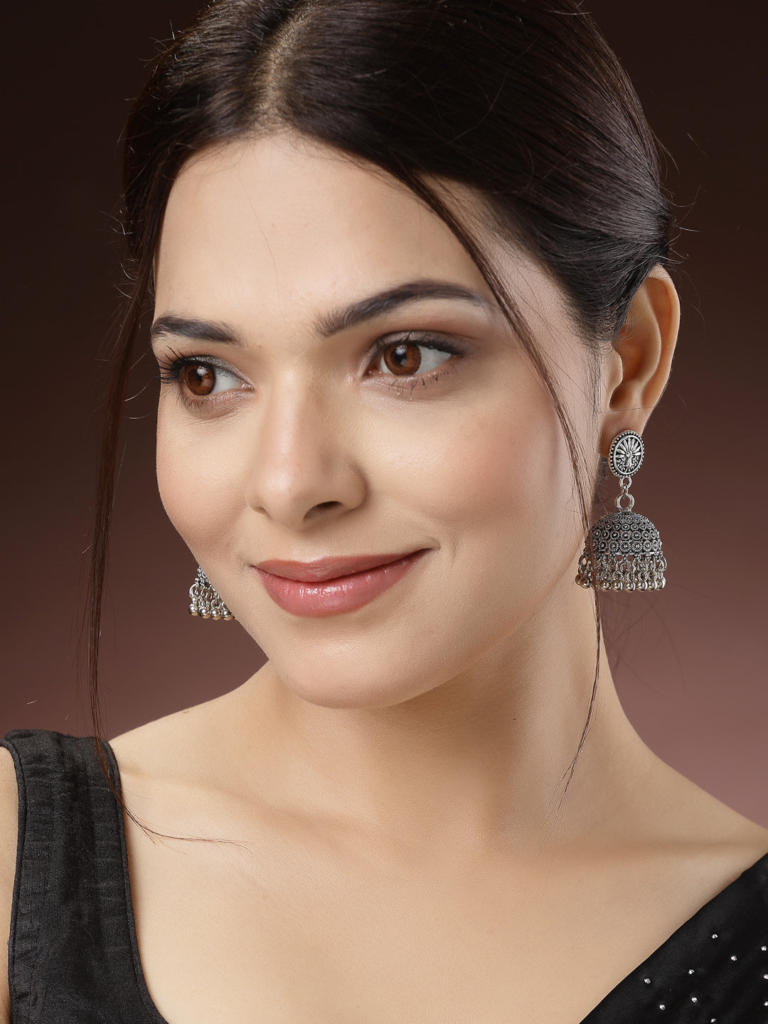 Women's Set Of 3 Silver-Toned German Silver Oxidised Dome Shaped Jhumka Earrings