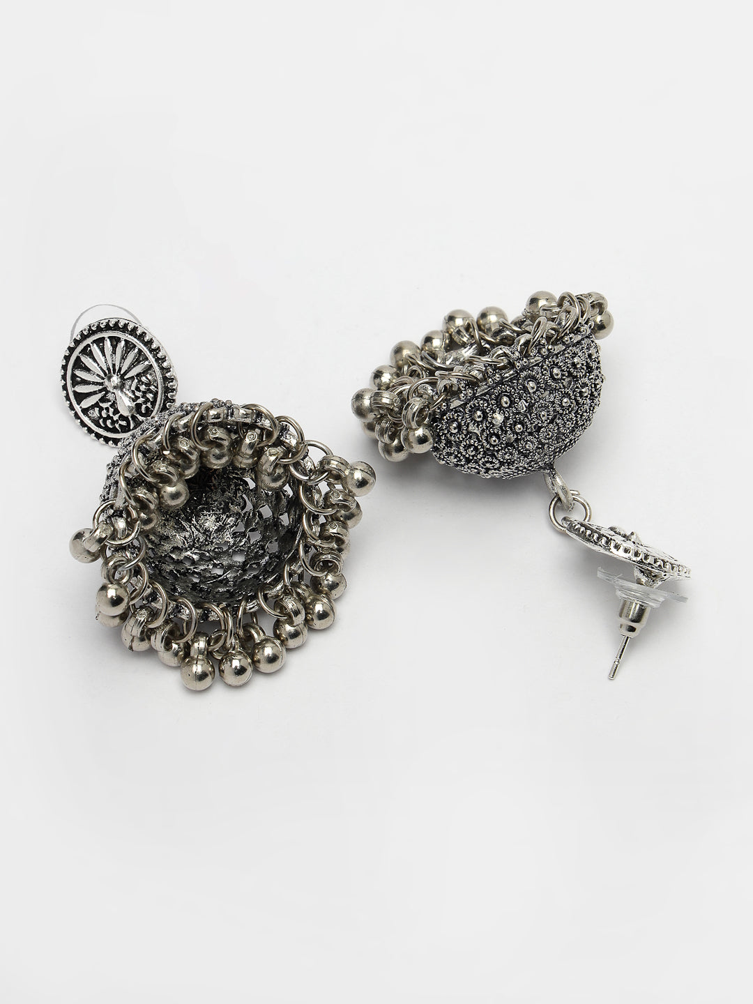 Women's Set Of 3 Silver-Toned German Silver Oxidised Dome Shaped Jhumka Earrings