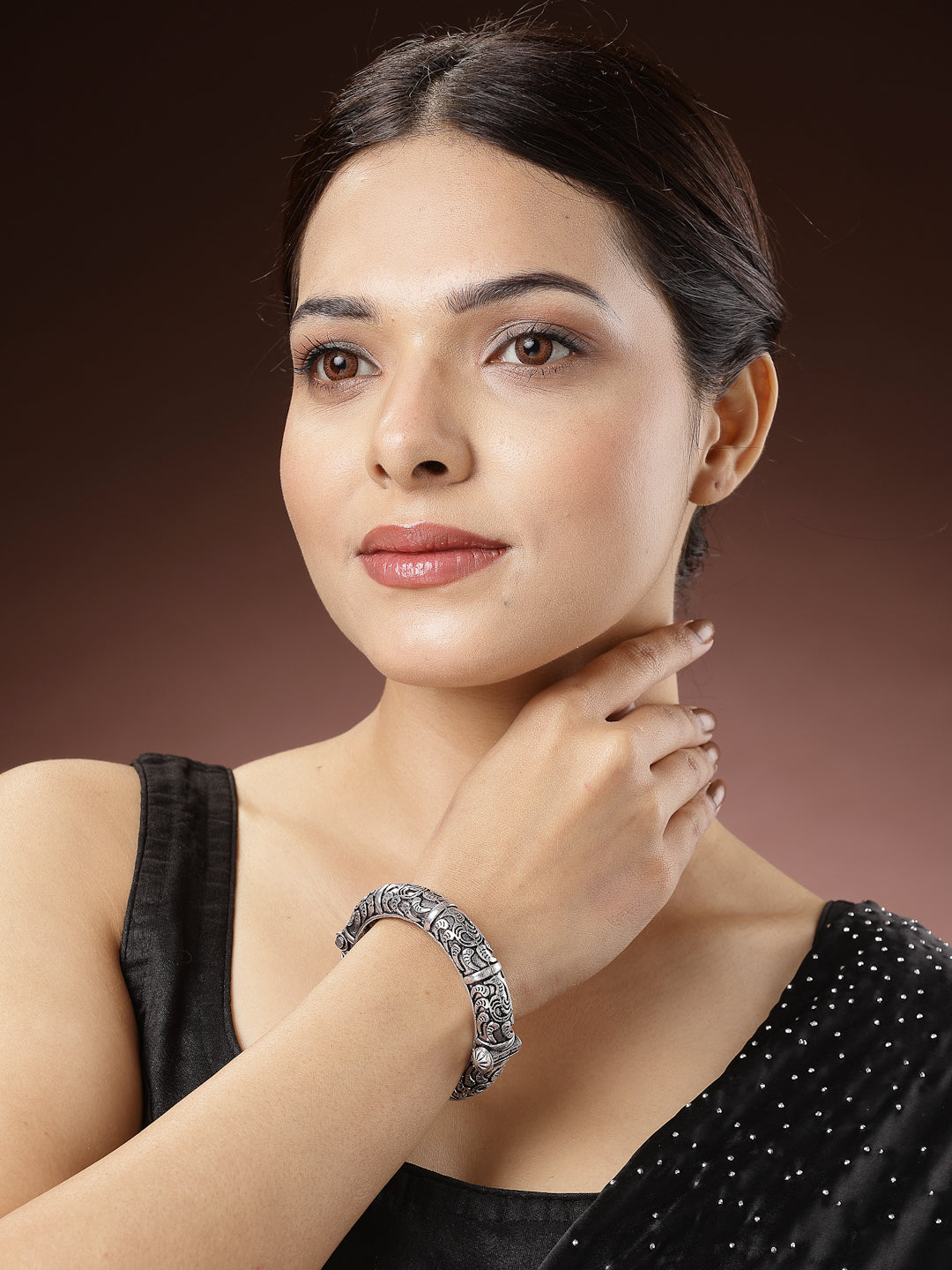 Women's Silver-Toned German Silver Oxidised Kada Bangle