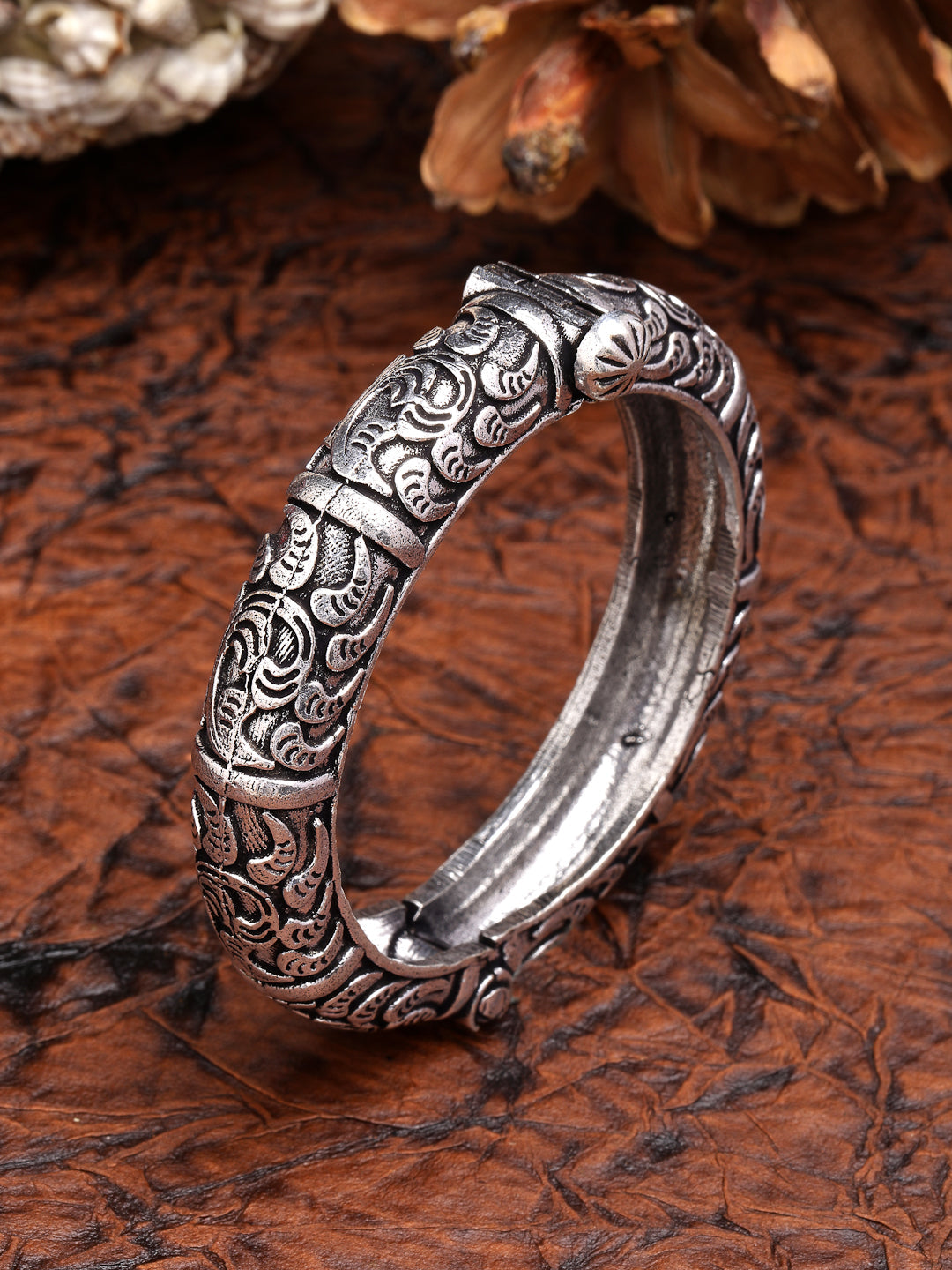 Women's Silver-Toned German Silver Oxidised Kada Bangle