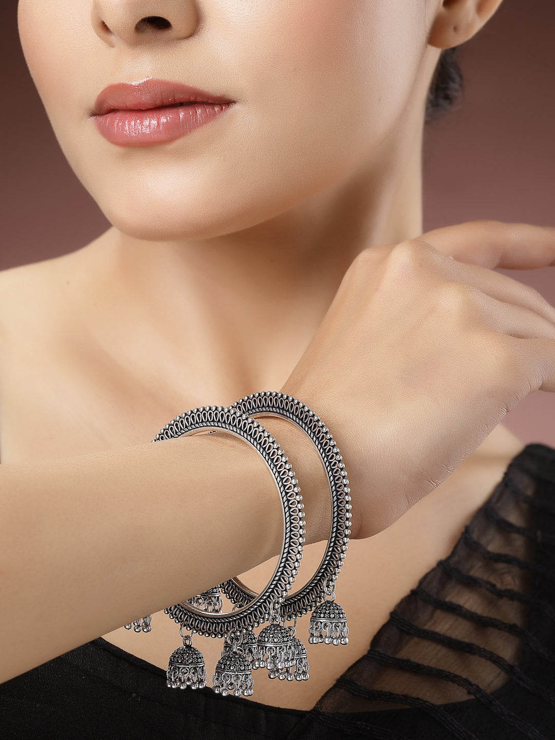 Women's Set Of 2 Silver-Toned German Silver Oxidised Bangle