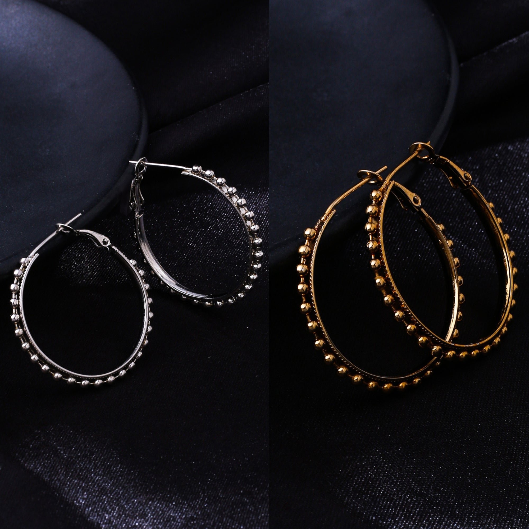 Women's Set Of 2 Gold & Silver Beaded Circular Hoop Earrings